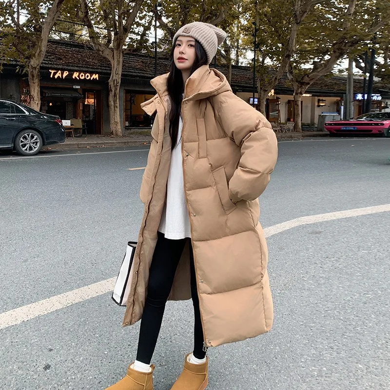 New Arrival Winter Thick Knee Length Cotton Padded Coats Stand Up Collar Hooded Parkas Solid Loose Casual Women Down Jackets