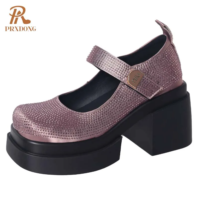 

PRXDONG 2025 New Brand Spring Summer Shoes Woman Mary Janes Chunky High Heels Platform Crystal Black Purple Party Wedding Pumps