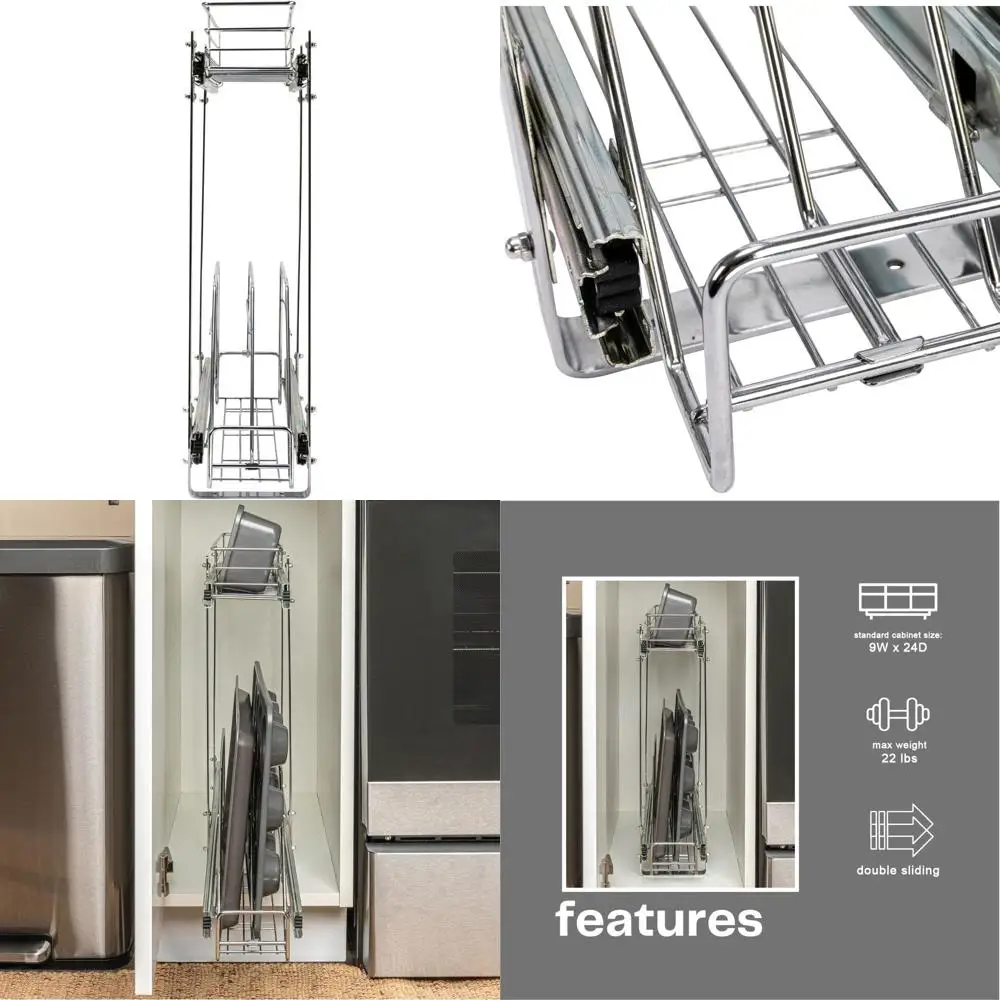 

2-Tier Chrome Steel Pull-Out Storage Organizer for Kitchenware and Cookware