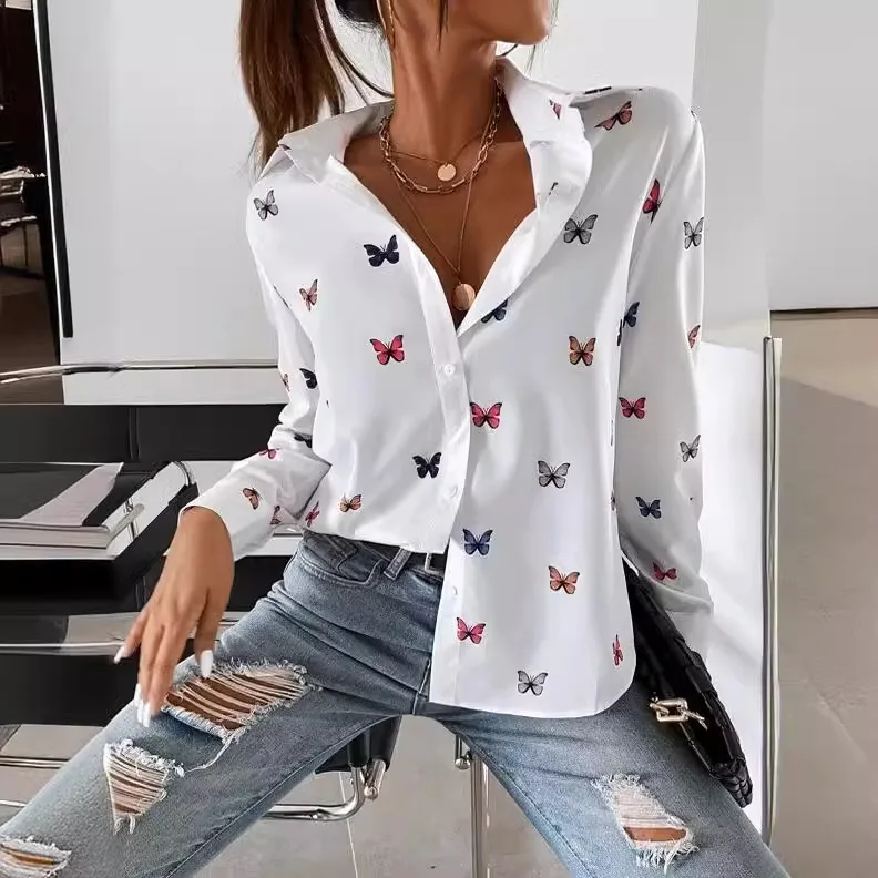 Camicia moda manica lunga bianca con stampa farfalla Donna 2025 Bottoni primaverili Casual Streetwear Top e camicetta Top Femme Camicie