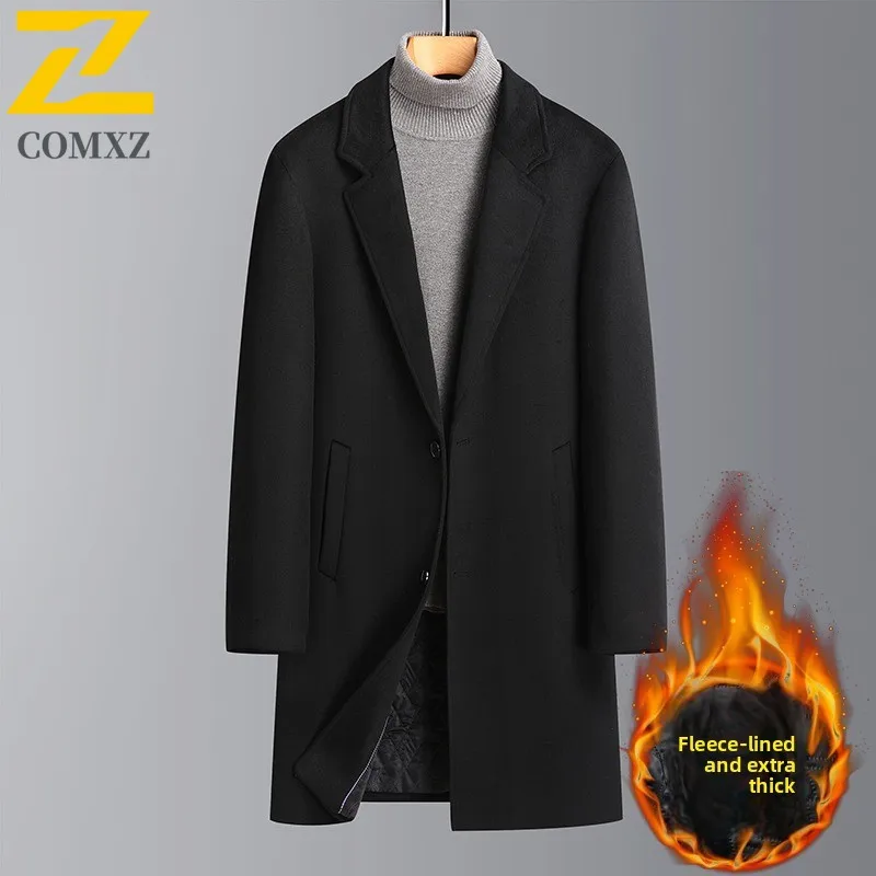 

COMXZ Wool Overcoat Men Winter Cotton Padded Thick Woolen Fashion Business Casual Solid Color Trench Coat Waterproof Windproof