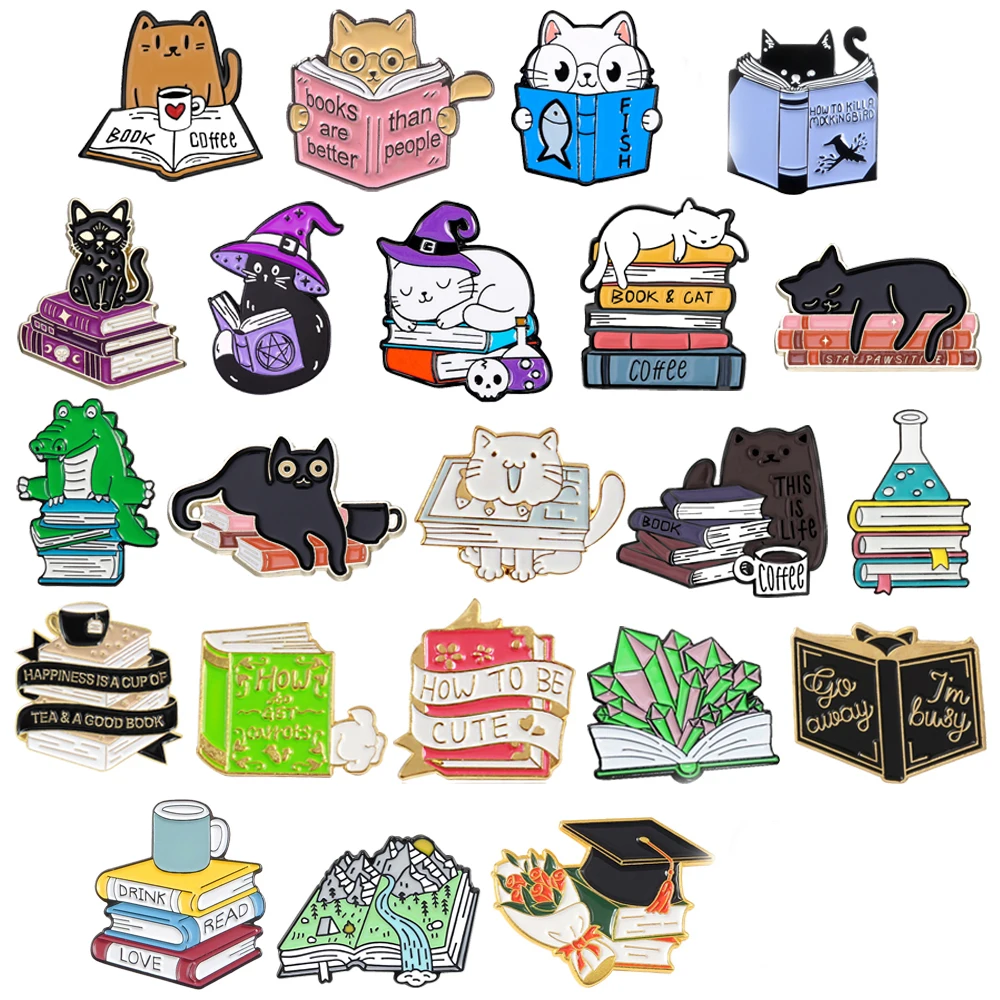 Cute Books Metal Brooch Coffee Cat Magic Book Dinosaur Test Tube Map Book Cartoon Badge Punk Lapel Pins Jewelry Friend Gift New