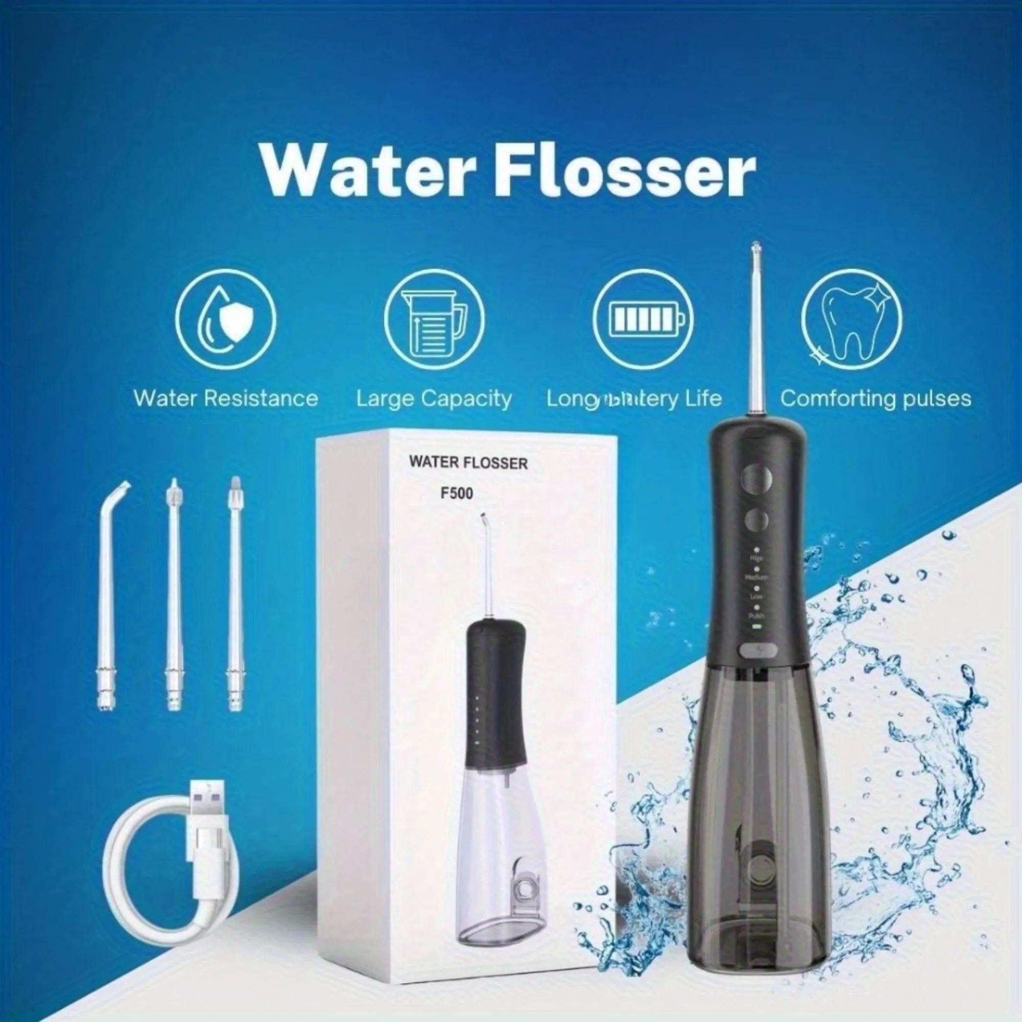 

Водяные нити для чистки зубов, обновленные, 11,83 унции, аккумуляторные водные зубные нити, портативный перезаряжаемый ирригатор для полости рта, наконечники для воды