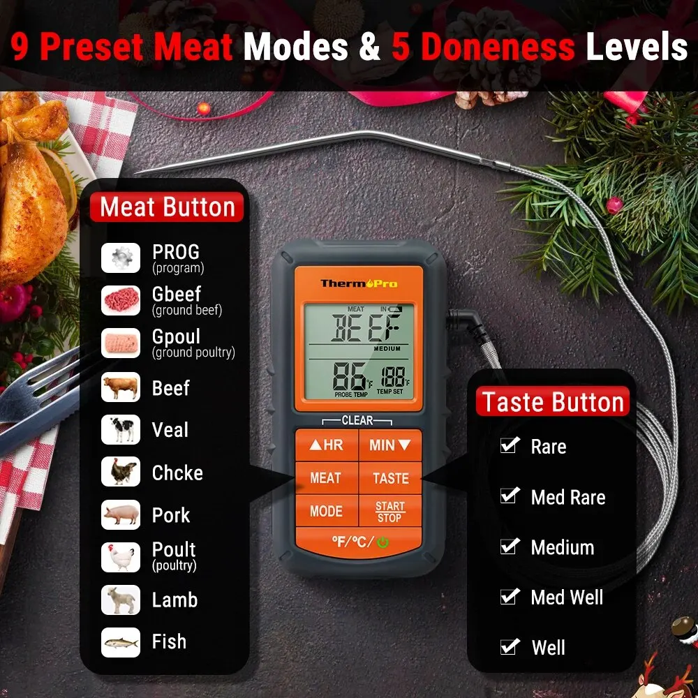 ThermoPro TP06B Digital Kitchen Food Thermometer Single Probe with Timer/Temperature Alarm for Smoker BBQ Meat Cooking