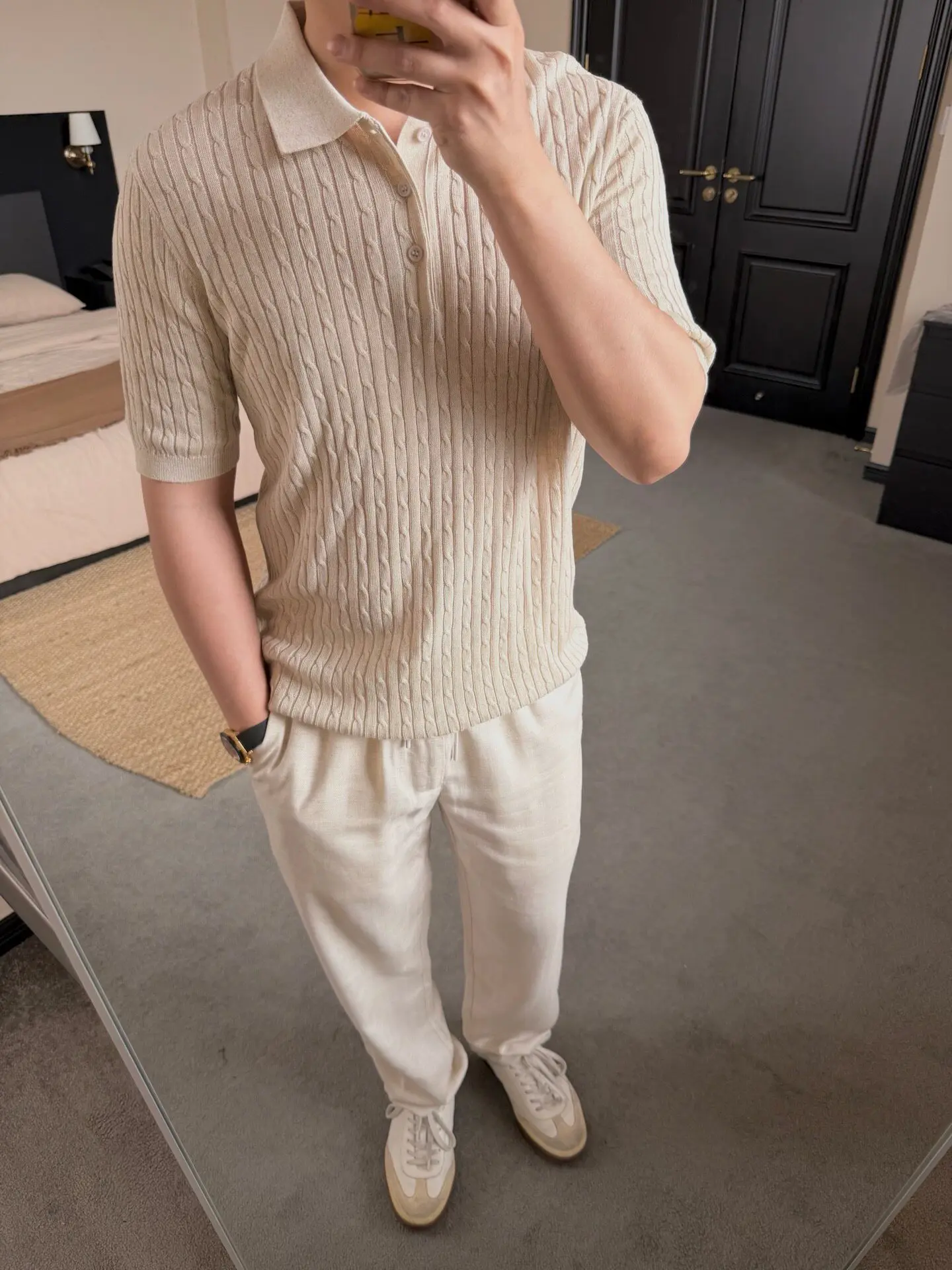 Old Money  Style Lyocell Linen Knit Short Sleeve Polo Shirt for Men Cable Knit Breathable Summer Top