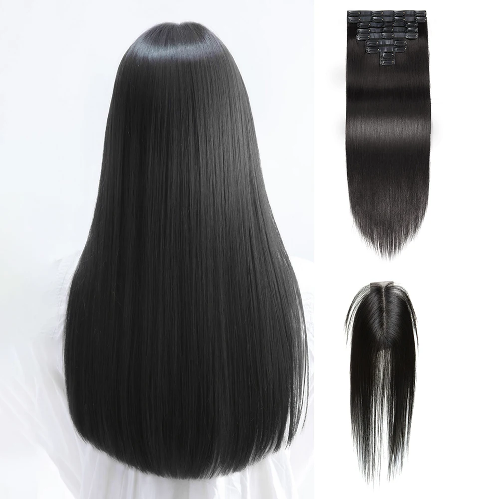 Extensions de cheveux humains à clips de 18, 20 et 22 pouces, cheveux brésiliens vierges lisses, clips sans couture, 100% cheveux humains, 9 pièces/ensemble, postiches