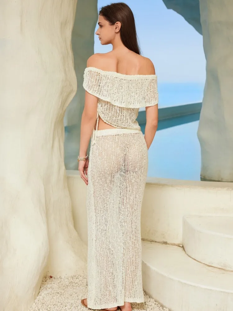 ملابس السباحة تنورة التستر 2 قطعة مجموعة بلوزات غير مغطية للكتف المحاصيل وتنورة ماكسي ثوب السباحة موضة مثير الشاطئ التستر وتتسابق