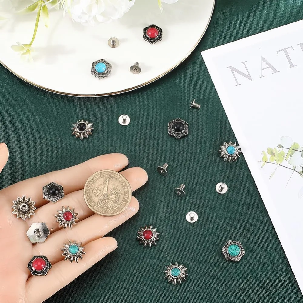24 Sets 8 Styles Western Screw Back Buttons 13mm Conchos Turquoise Cowboy Vintage Flower Decorative Leather Buckles Natural
