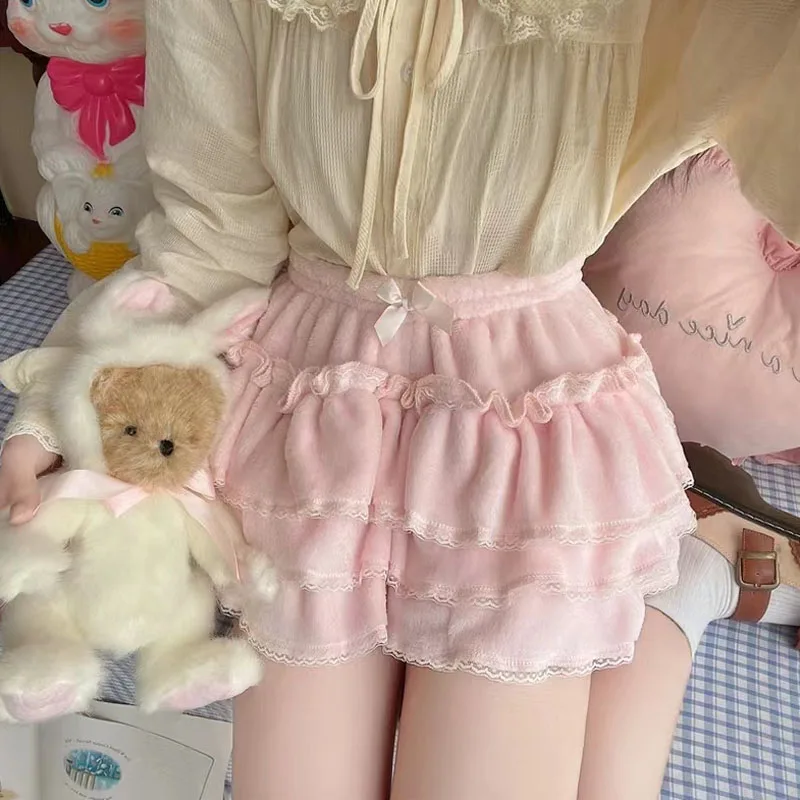 Roze Jk Pluche Shorts Winter Sweet Lolita Safety Korte Broek Vrouwen Japanse Kawaii Ruches Bloomers Harajuku Y 2K Pompoenbroek