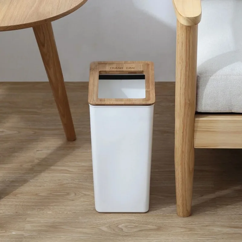 Rectangular Trash Can with Wooden Lid Ring Large Wastebasket White Garbage Bin Can Trash Container for Office Home Bedroom