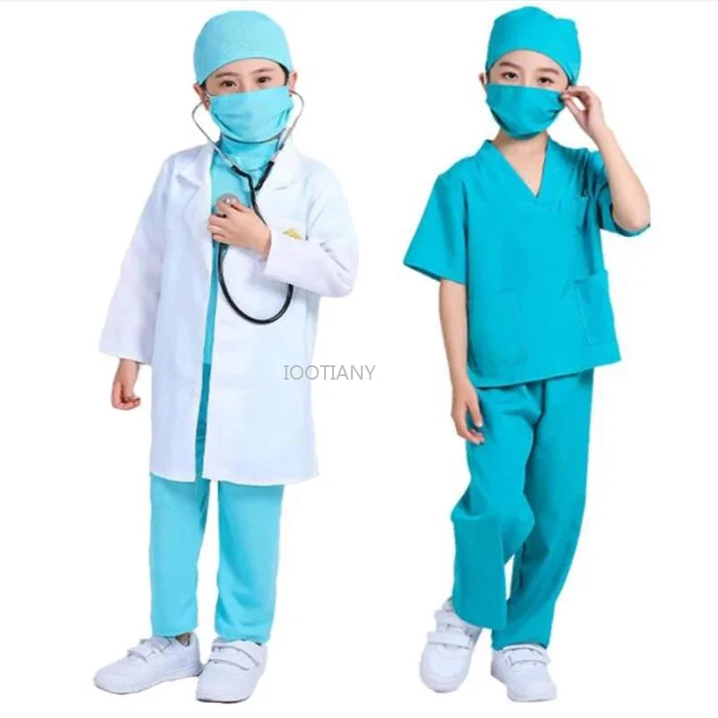 

2024 Kids Doctor Nurse Work Shirt Pants Coat Suit Children Surgical Uniform Unisex Cosplay Halloween Costumes