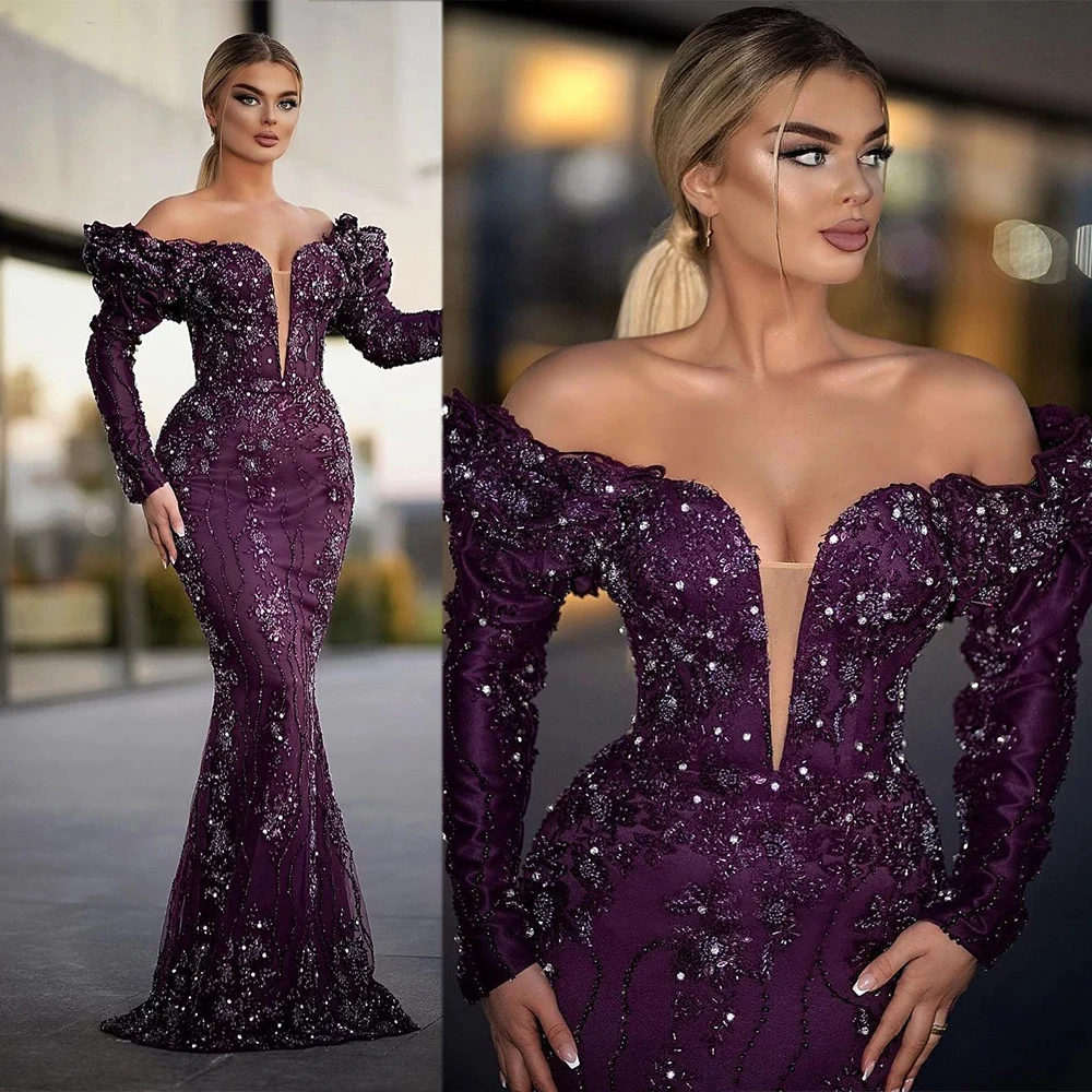 Vintage Celebrity Dresses For Women Sequins Beads Appliques Skirt Slim Fit Sweep Train Long Sleeves Off-Shoulder Dress Party