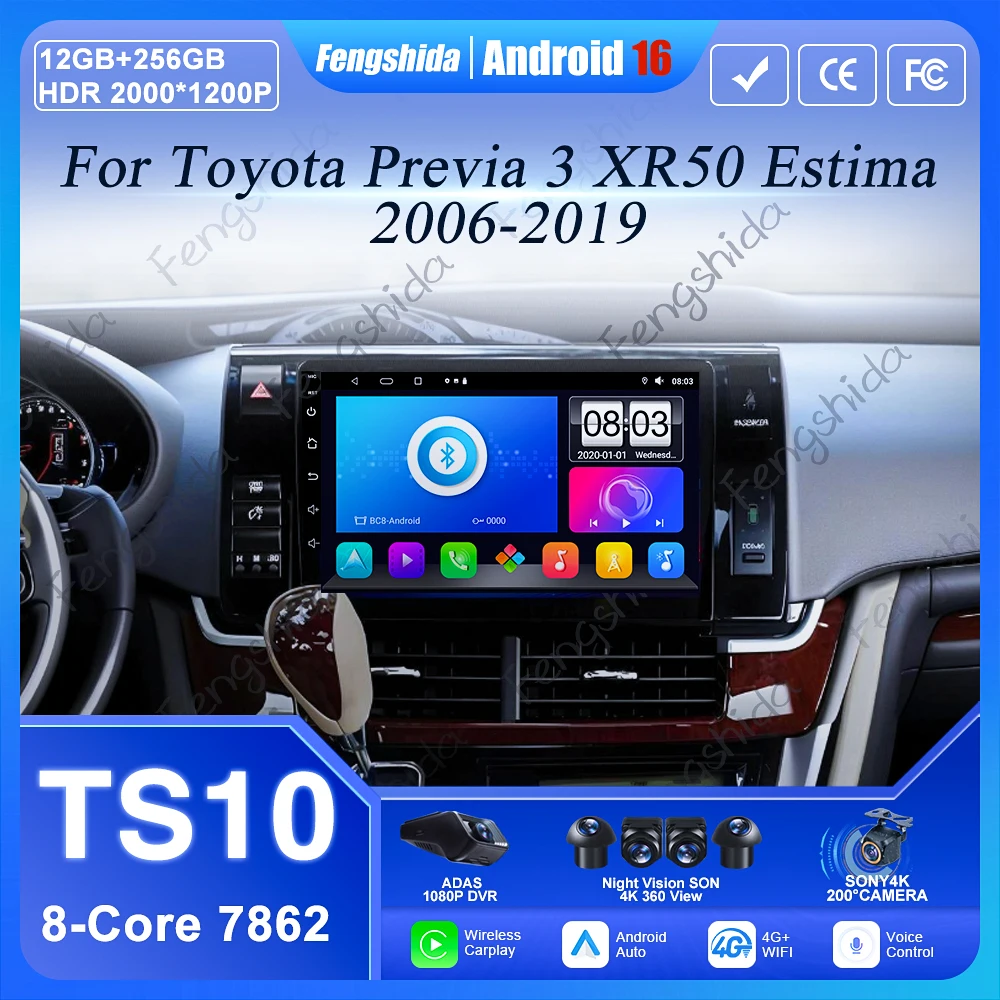 Car Radio Android 16 For Toyota Previa 3 XR50 Estima 2006-2019 Carplay Video GPS Navigation No 2din 4G Wifi Stereo Multimedia BT
