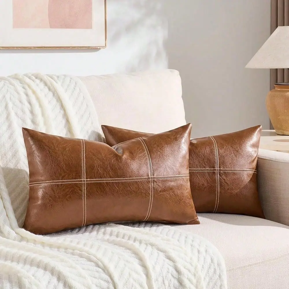 

Homi 2 Packs Brown Boho Lumbar Plaid Faux Leather Decorative Throw Pillow Covers 12x20 Inch For Living Room Couch Bed, Rustic M