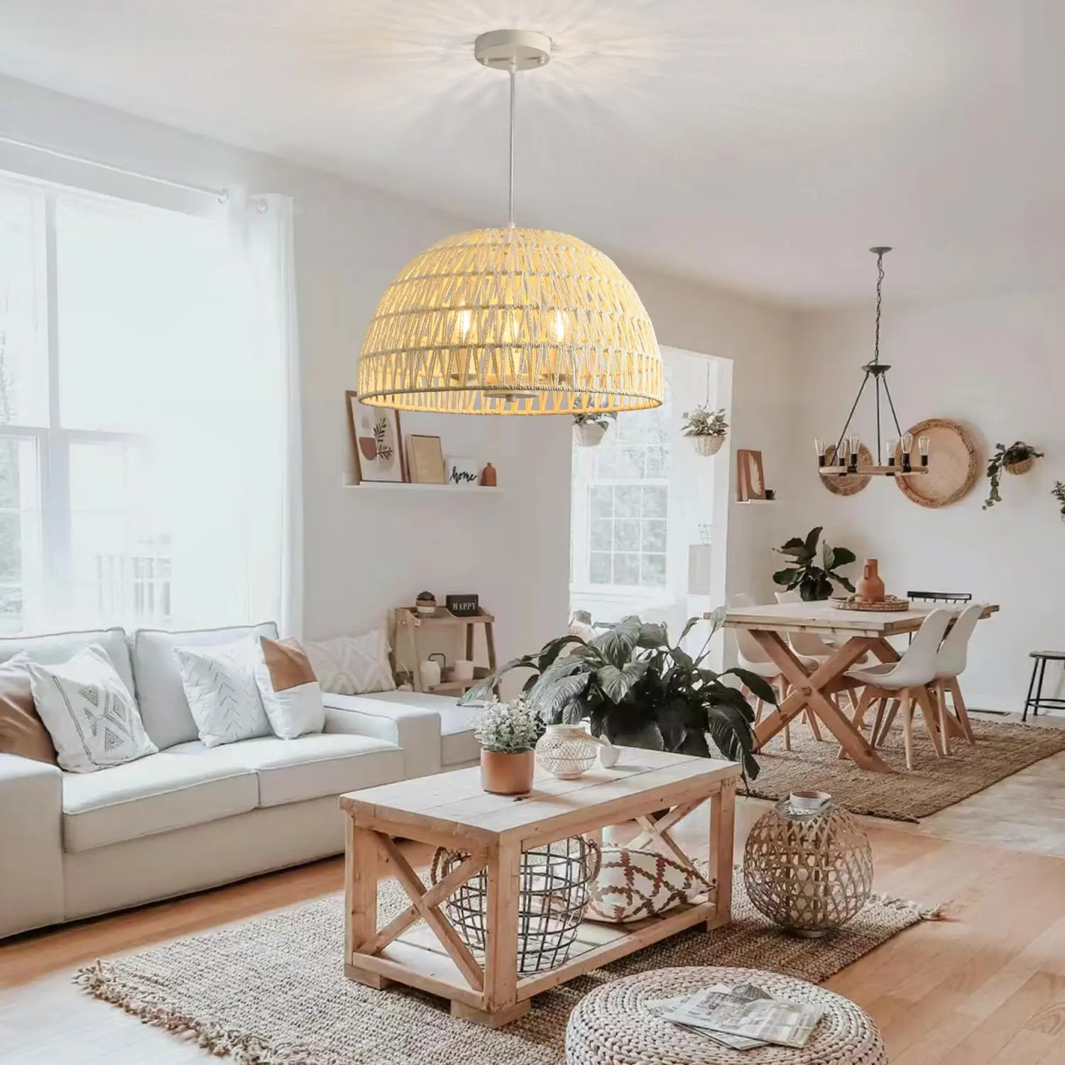 Rattan Pendant Light 3-light Modern Boho Chandelier Farmhouse Coastal Adjustable Retro Dome Rattan Light Fixture Without bulb