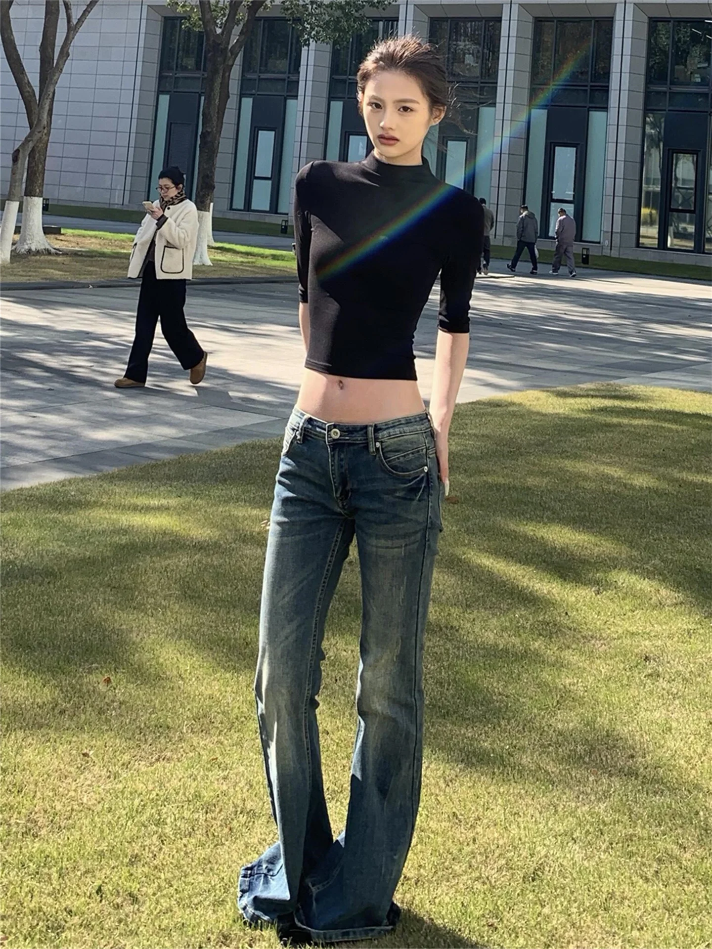 

Ретро-джинсы с низкой посадкой в американском стиле, расклешенные, для женщин, весенние, облегающие, удлиненные, в стиле Hot Girl