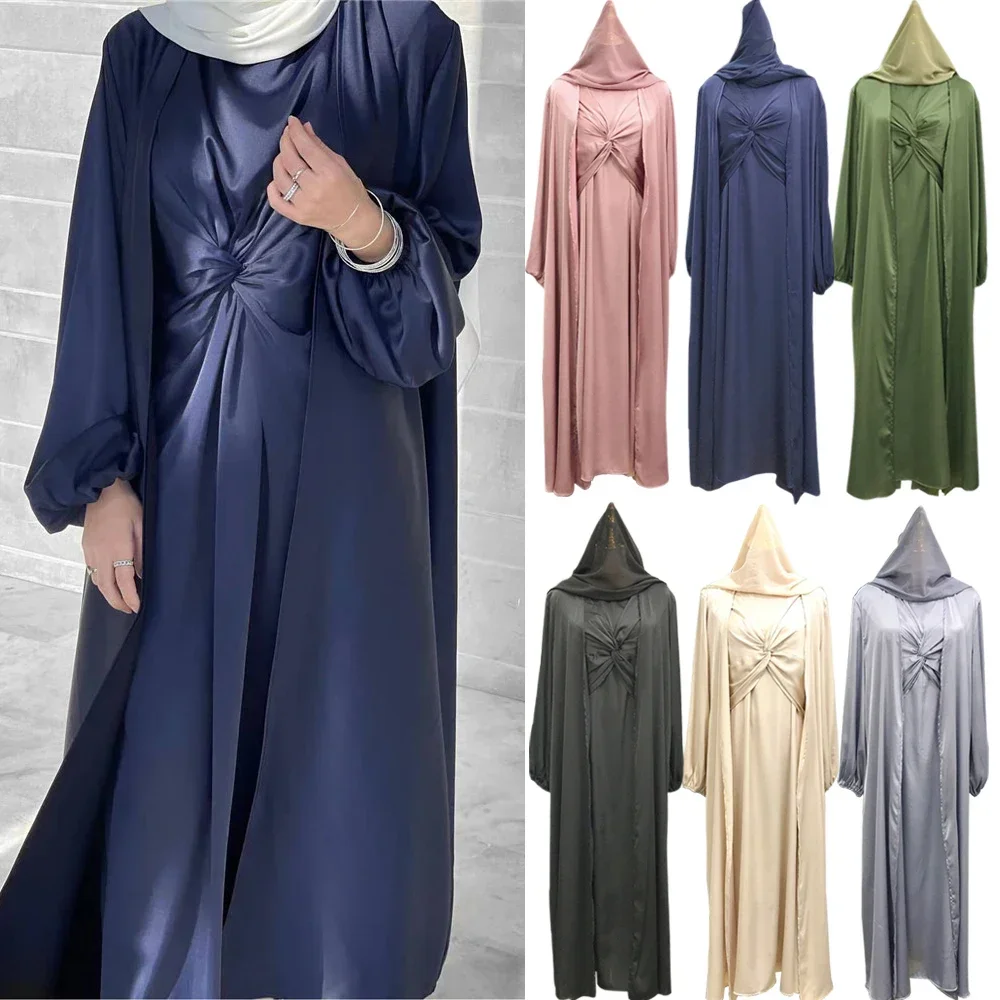 

3 Piece Matching Muslim Sets Hijab Dress Eid Satin Abayas for Women Dubai Open Abaya Turkey Inner Dresses African Islam Clothing