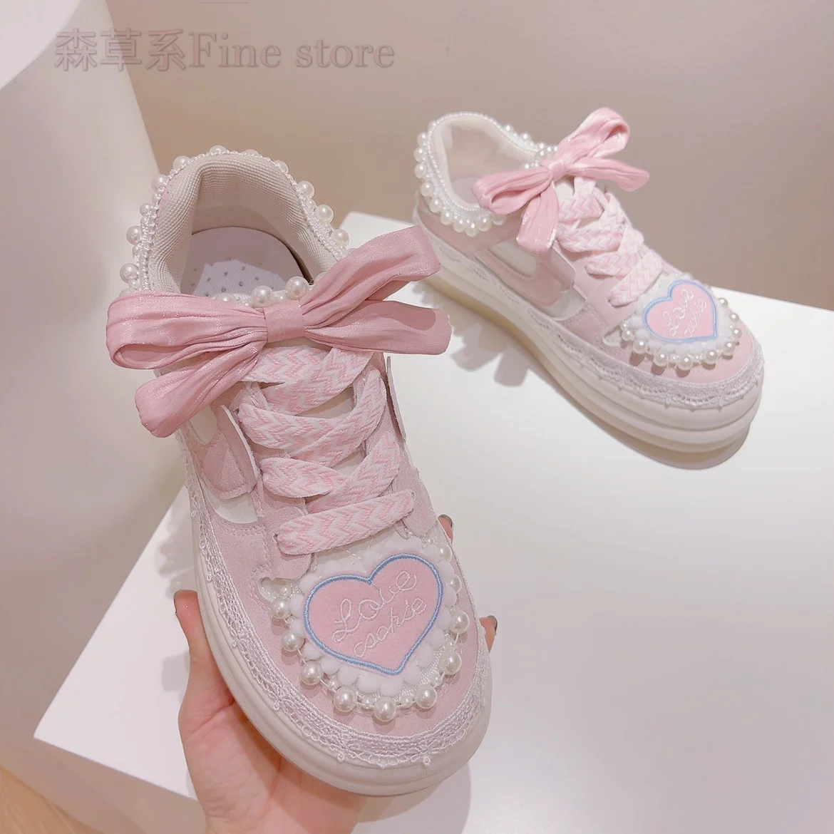 Girls Shoes Pink Lovely Pearls Decoractions Cute Bow Autumn 2023 New Girlish Heart Round Head High Quality Casual Sneakers