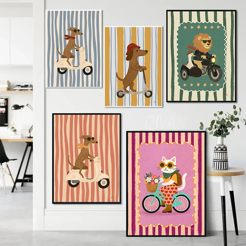 Retro Illustrated Pets Duck Lion Dog Cat Driving Vehicles Poster Striped Border Canvas Art for Nursery Kids Playroom Wall Decor