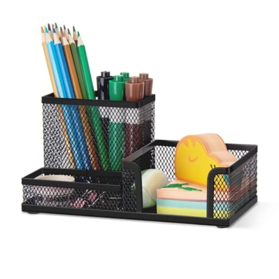 Mesh Pen Pencil Holder Desk Organizer, 3 Compartment Wire Desktop Pen Pencil Cup Caddy Office Supplies Sticky Notes Holder for