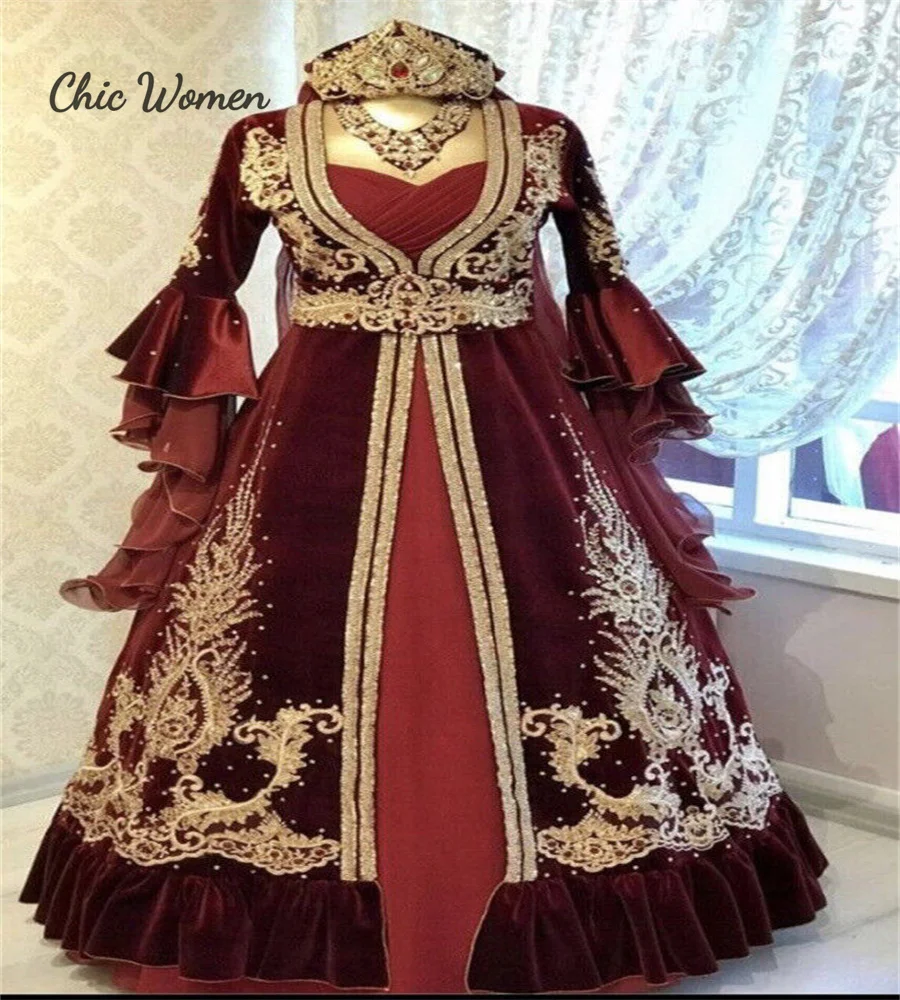 Vestido de casamento turco com apliques dourados, Vestido de noiva Borgonha, Abaya luxuoso com mangas Flare, vestido frisado, estética medieval, noiva muçulmana, 2024