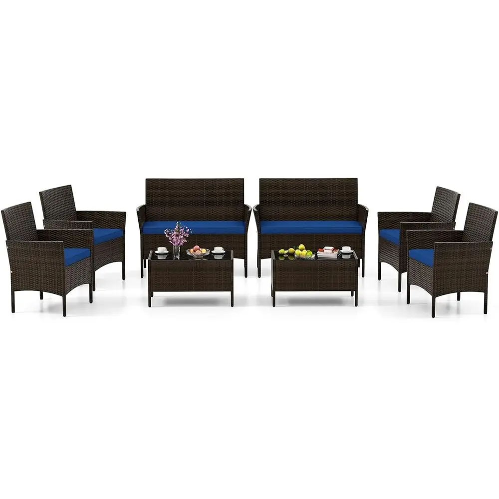 

8-Piece Outdoor Wicker Patio Sectional Set with Loveseat Chairs and Glass Coffee Table for Backyard, Garden, and Poolside