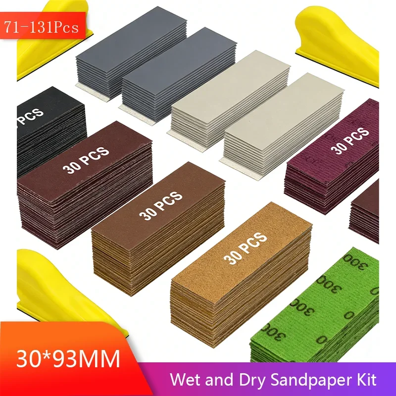 Mikro-Detail-Schleifpapier-Set, 71–131-teilig, Nass- und Trockenschleifpapier, sortierte Körnungen, 3,5 Zoll x 1 Zoll Handschleifblock mit Klettverschluss