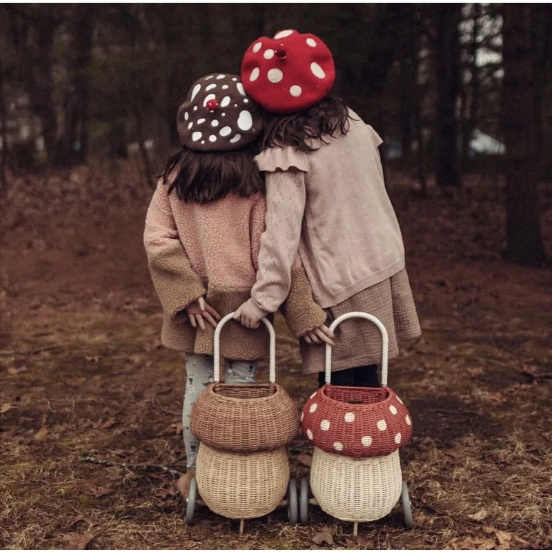Nordic Style Rattan Woven Storage Basket Mushroom Pull Cart for Baby Room Decor & Photography Props