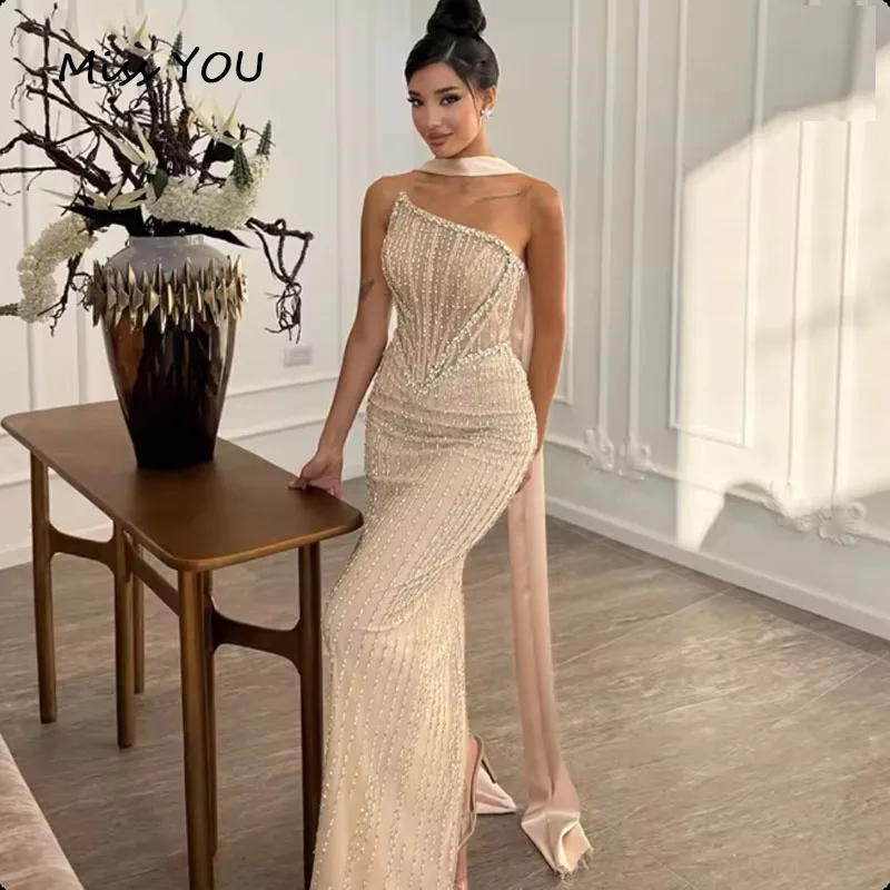Customized Evening Dress with Scarf Luxury Beading Crystals Floor Length Formal Prom Gowns Back Slit