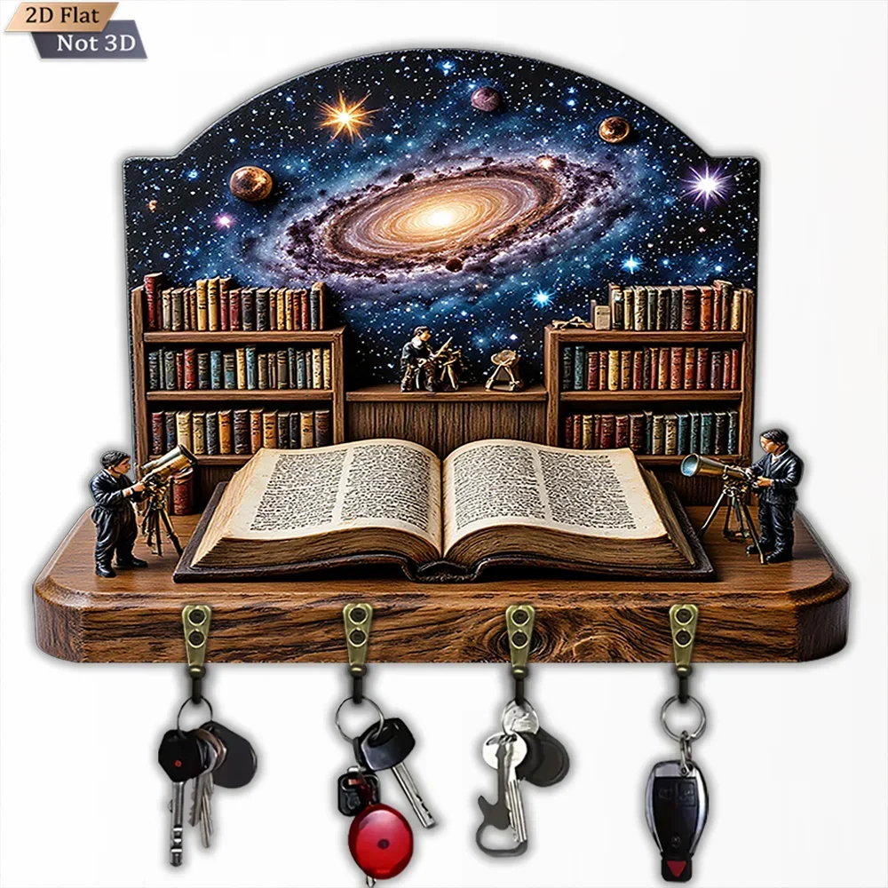 2D Flat, 1pc, Starry Sky Astronomy Key Hook, Wooden Multifunctional Home House Key Hook, with Four Metal Hooks, Wall
