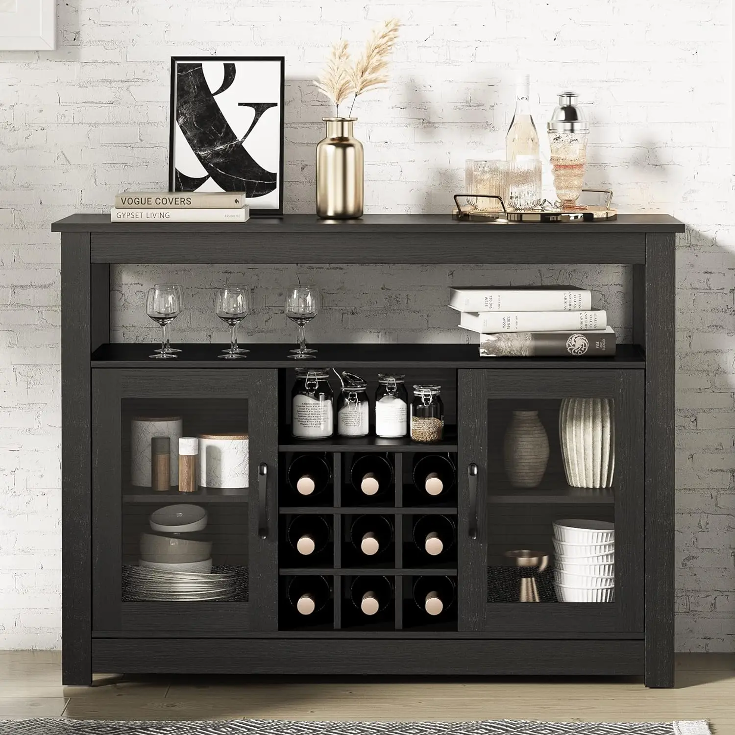 Buffet Sideboard, Freestanding Buffet Storage Cabinet, Wine Liquor Bar Buffet Cabinet with Removable Wine Rack and Glass Doors