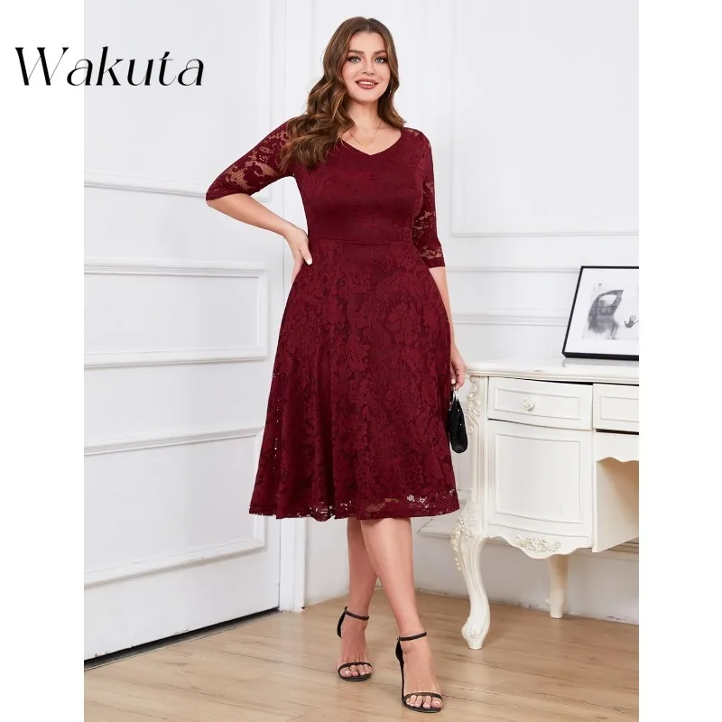 Wakuta Womens Long-Sleeve A-Line Lace Homecoming Bridesmaid Midi Dresses Wedding Guest Formal Party Dresses Mother of The Groom