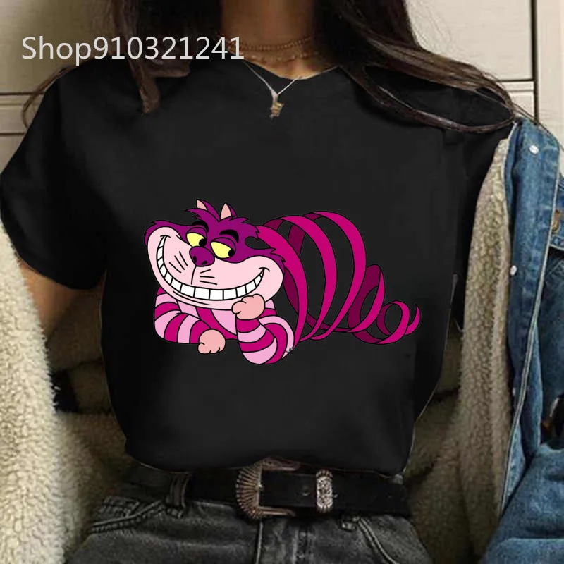 The Cheshire Cat Tshirt Women Printed Alice In Wonderland T Shirt Female Leisure Short Sleeve Trendy Cartoon Tshirt Clothes