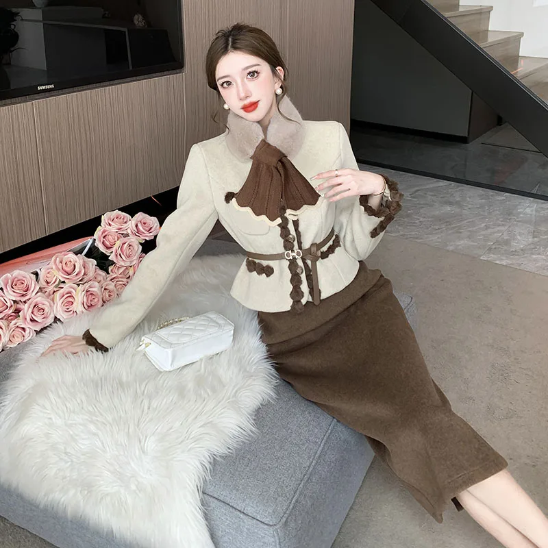 Woman's Autumn and Winter Cotton Scarf Woolen Blazers Skirt Suits Retro Contrast Lace Woolen Coat Hip Overskirt Two-piece Sets