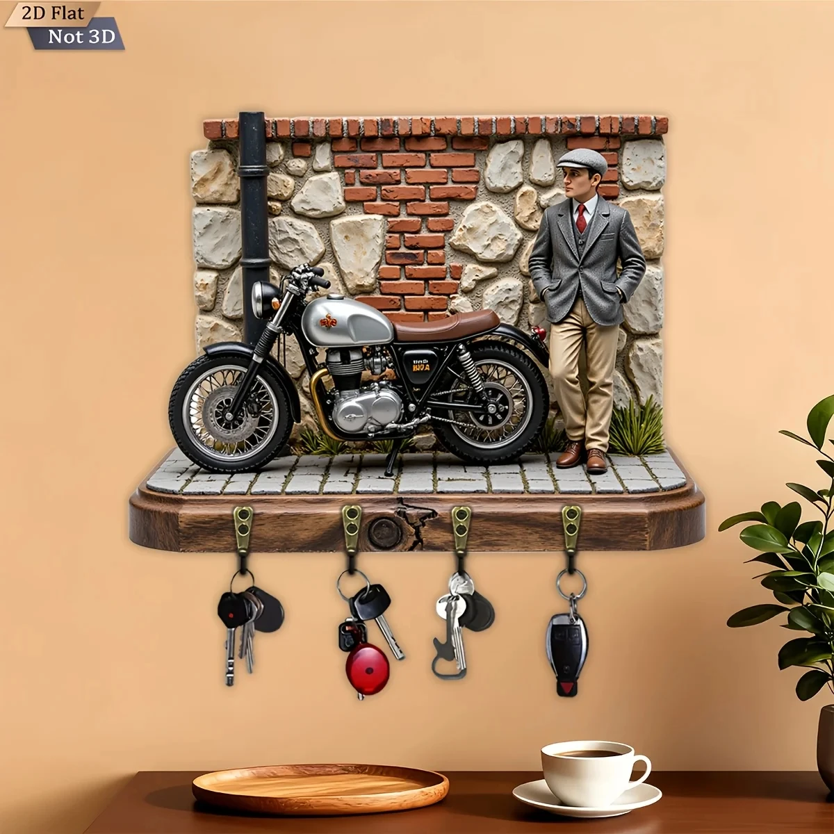 2D Flat, 1pc, Retro Motorcycle Theme Key Hook, Wooden Multifunctional Home Key Rack, with Four Metal Hooks, Wall Decoration,