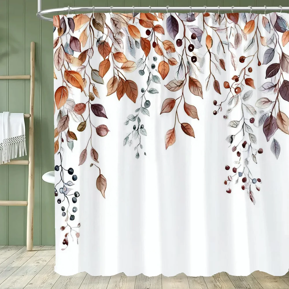 

Brown Eucalyptus Leaf Shower Curtain, Watercolor Tan Leaves Botanical Floral Bathroom Decorative Shower Curtain with Hooks