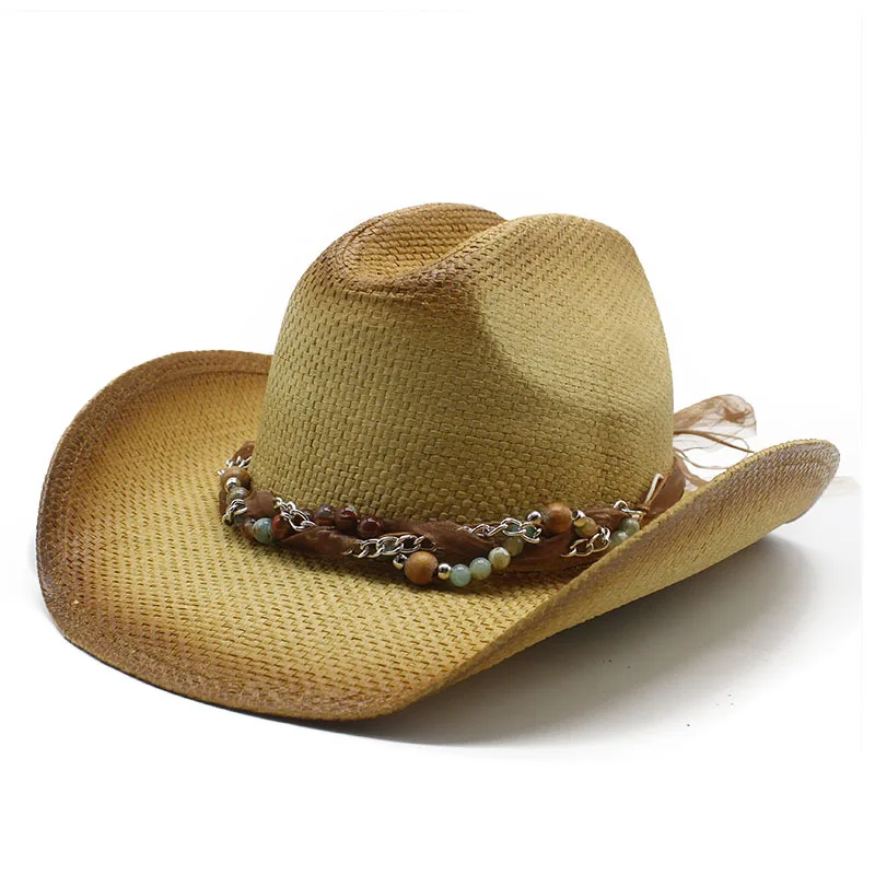 Summer Unisex Straw Sun Hat with Lace Tie Vintage Design Wide Brim Beach Cowboy Hat for Men and Women 57-58cm