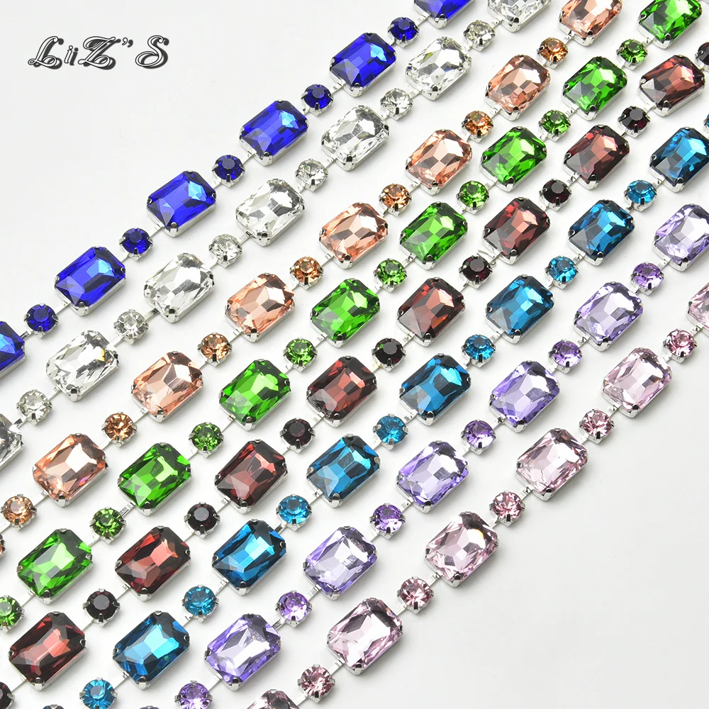 8mm Round and 13x18mm Rectangular Crystal Rhinestone Sew on Different Clothes Decorative Chain with Silver Metal Base Ribbon