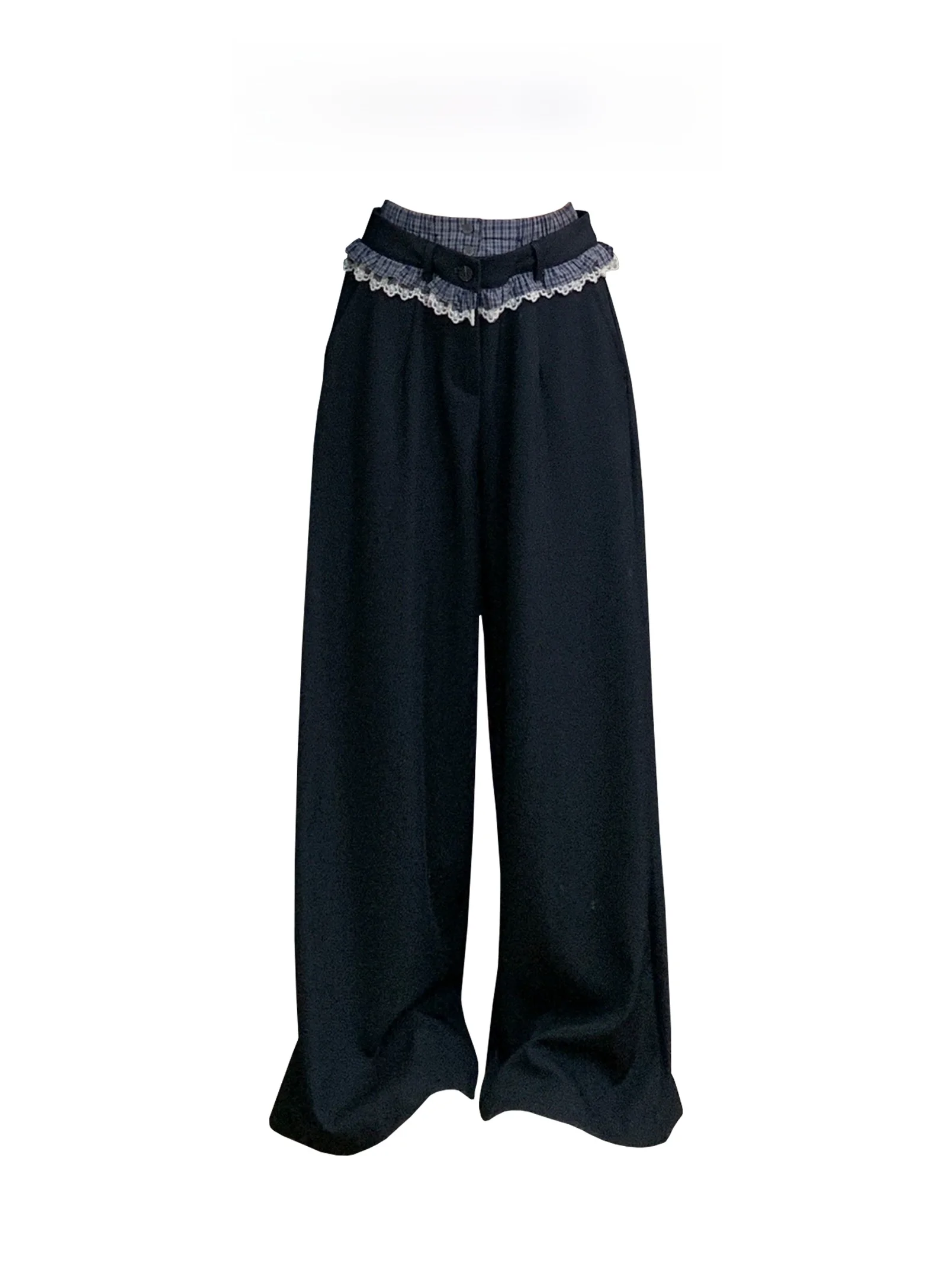 

Casual High Waist Wide Leg Pants Women's Spring New Sle Patchwork Lace Trim Double Waist Straight Cut Loose Slimming Trousers