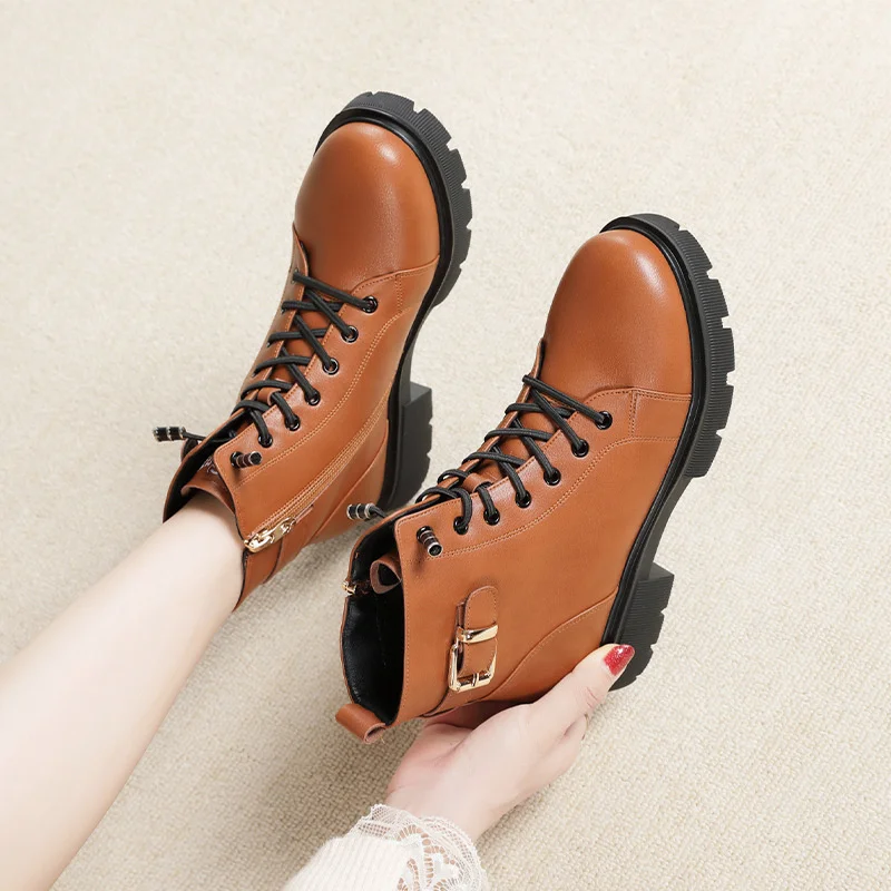 Winter Women's Velvet Anti-slip Platform Boots Round Toe Lace Up Chunky Heeled Zipper Ankle Leather Snow Boots