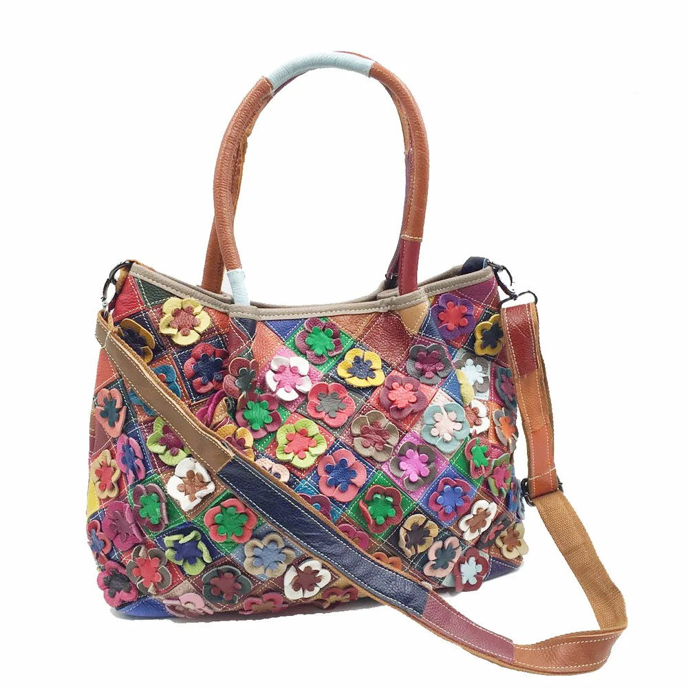 Oversized Female Genuine Leather Multicolor Flowers Handbag 2024 Large Size Casual Weekender Overnight Laptop Work Shoulder Bag