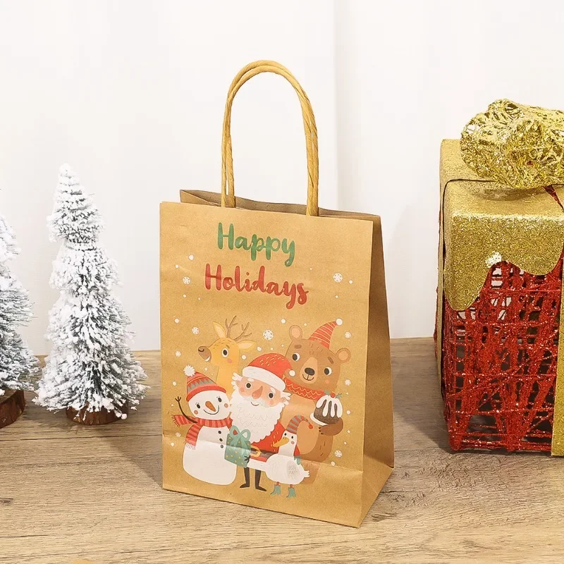 20/5PCS Christmas Kraft Paper Bag Gift Candy Hand-held Shopping Bags Merry Christmas Snack Present Packaging Tote Bag Home Decor