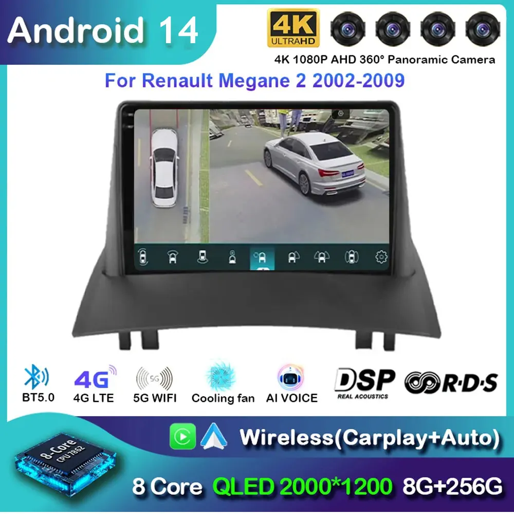 

Android14 Carplay автомобильный радиоприемник для Renault Megane 2 2002 2003 2004 2005-2009 навигация GPS мультимедийный плеер WiFi стерео авто BT