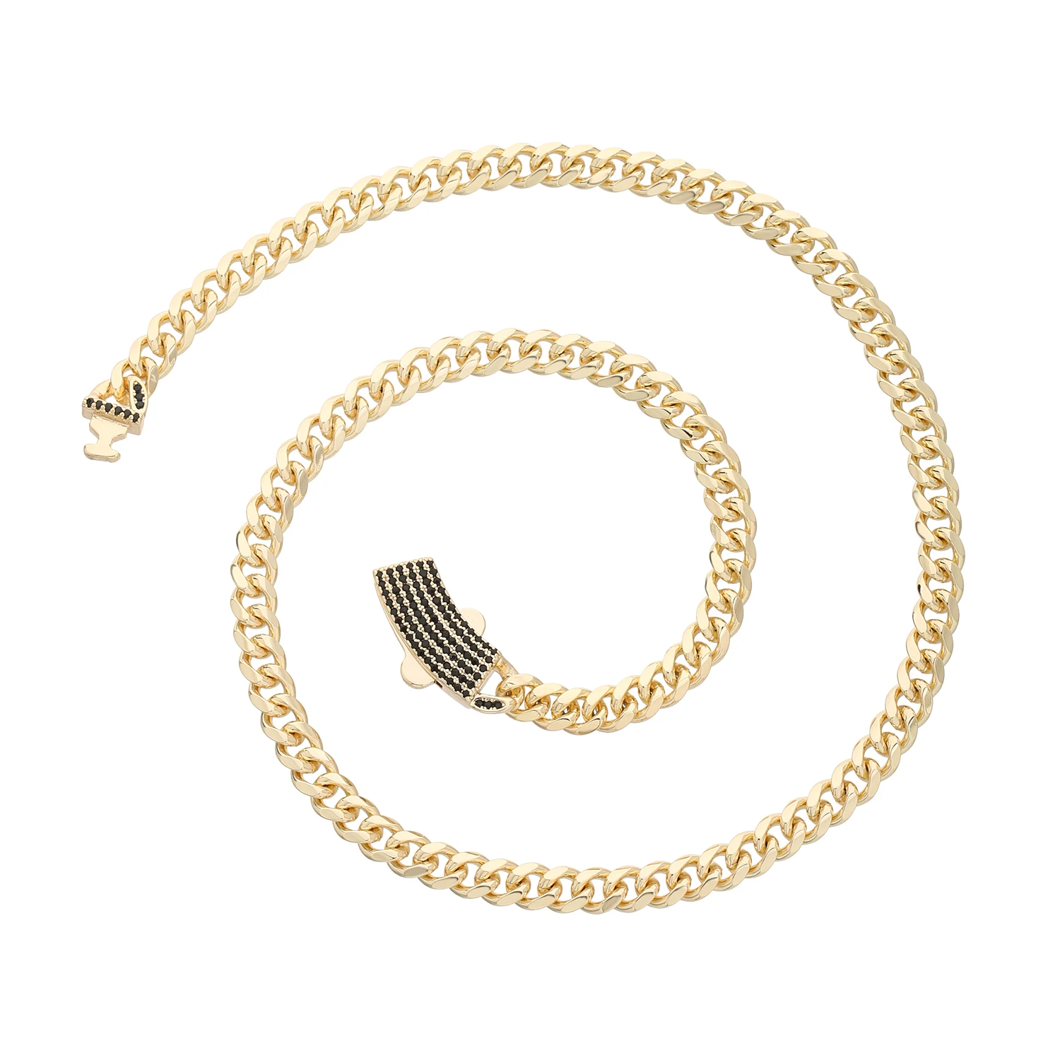 

14K Gold Plated Brass Cuban Link Chain Necklace with Black Zirconia for Men Women Hip Hop Jewelry 45cm 50cm 55cm Length