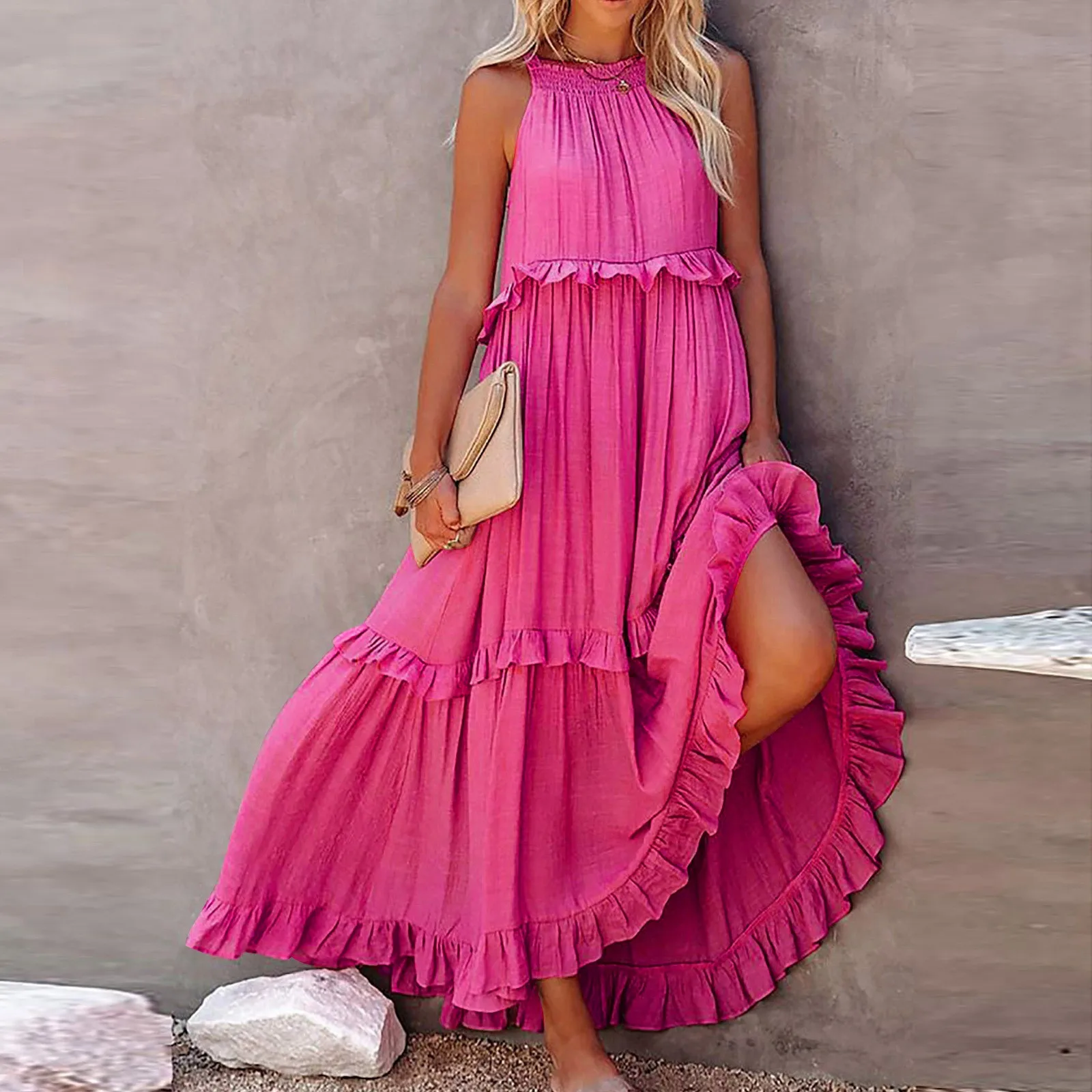 Vestido largo con volantes para mujer, prenda sin mangas, cuello Halter, color liso, Irregular, Espalda descubierta, ideal para vacaciones y playa, Verano