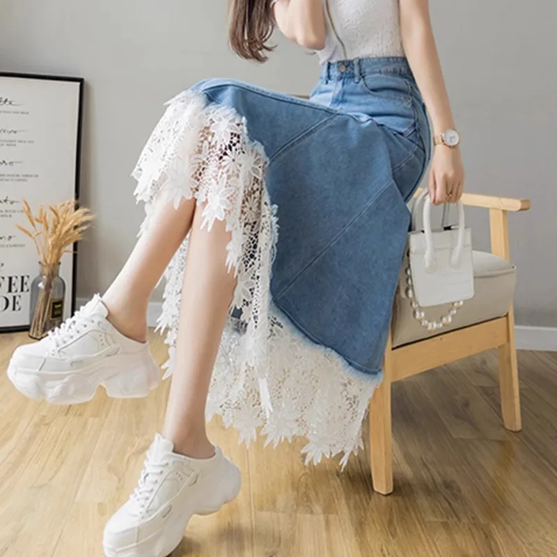 

Spring Summer New Women's High Waist Lace Panelled Denim Umbrella Skirt Midi A-Line Slimming Faionable f-length Skirt