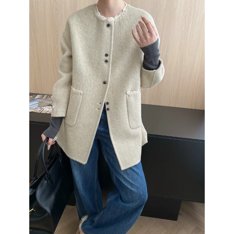 French Lace Round-neck Wool Blended Double-sided Tweed Coat Women Fashion Simple Sweet Long-sleeved Warm Autumn Winter Lady Coat