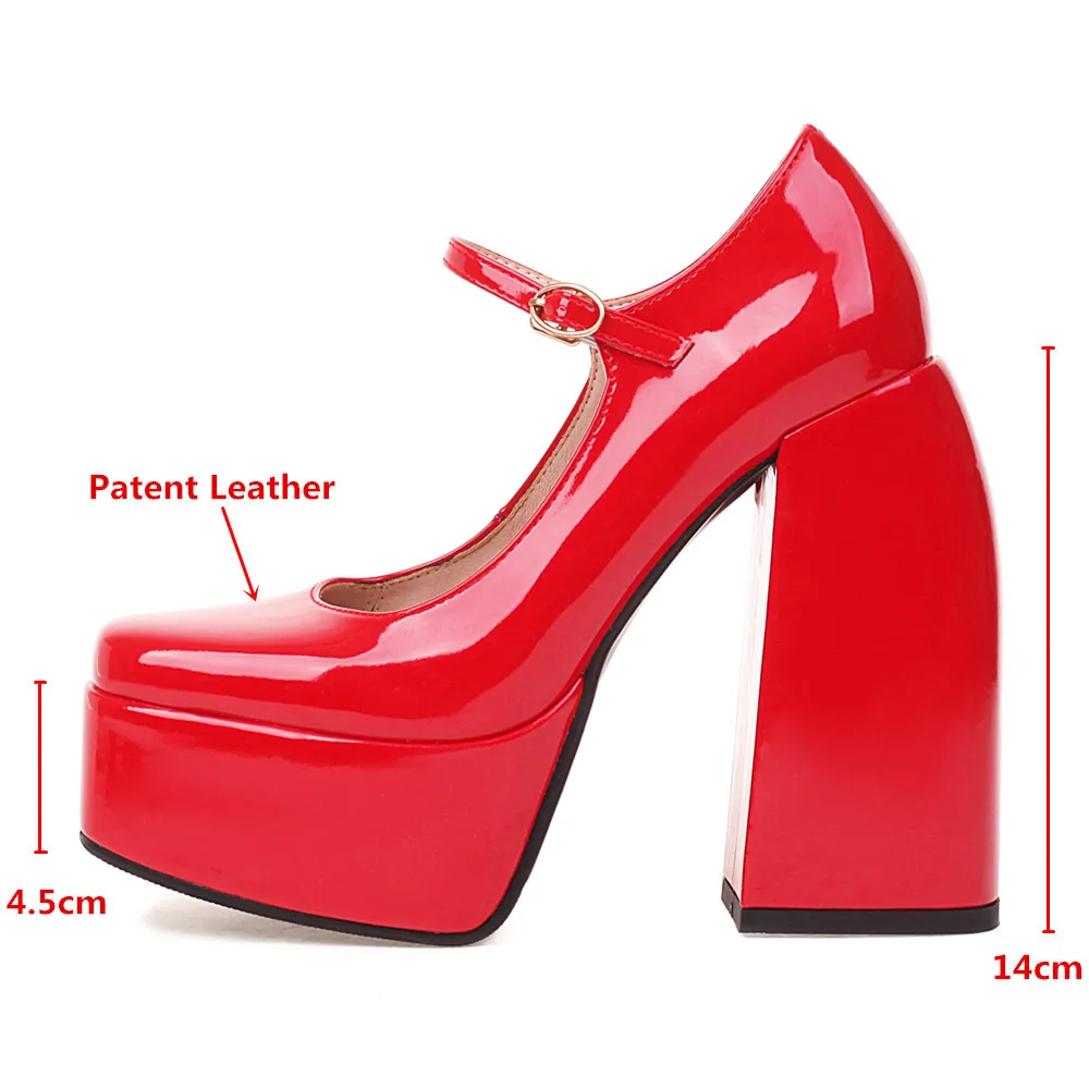 MILI-MIYA Fashion Super High Thick Heels Women Patent Leather Pumps Platform Buckle Strap Square Toe Plus Size 34-43 Handmade