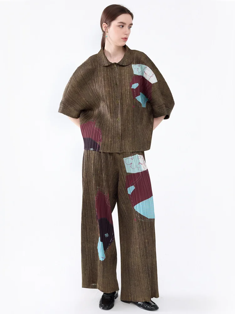 

YUDX Miyake Pleats 2025 Autumn/Winter New Denim Casual Set Color-blocking Printed Cardigan Straight-leg Long Pants Two-piece Set