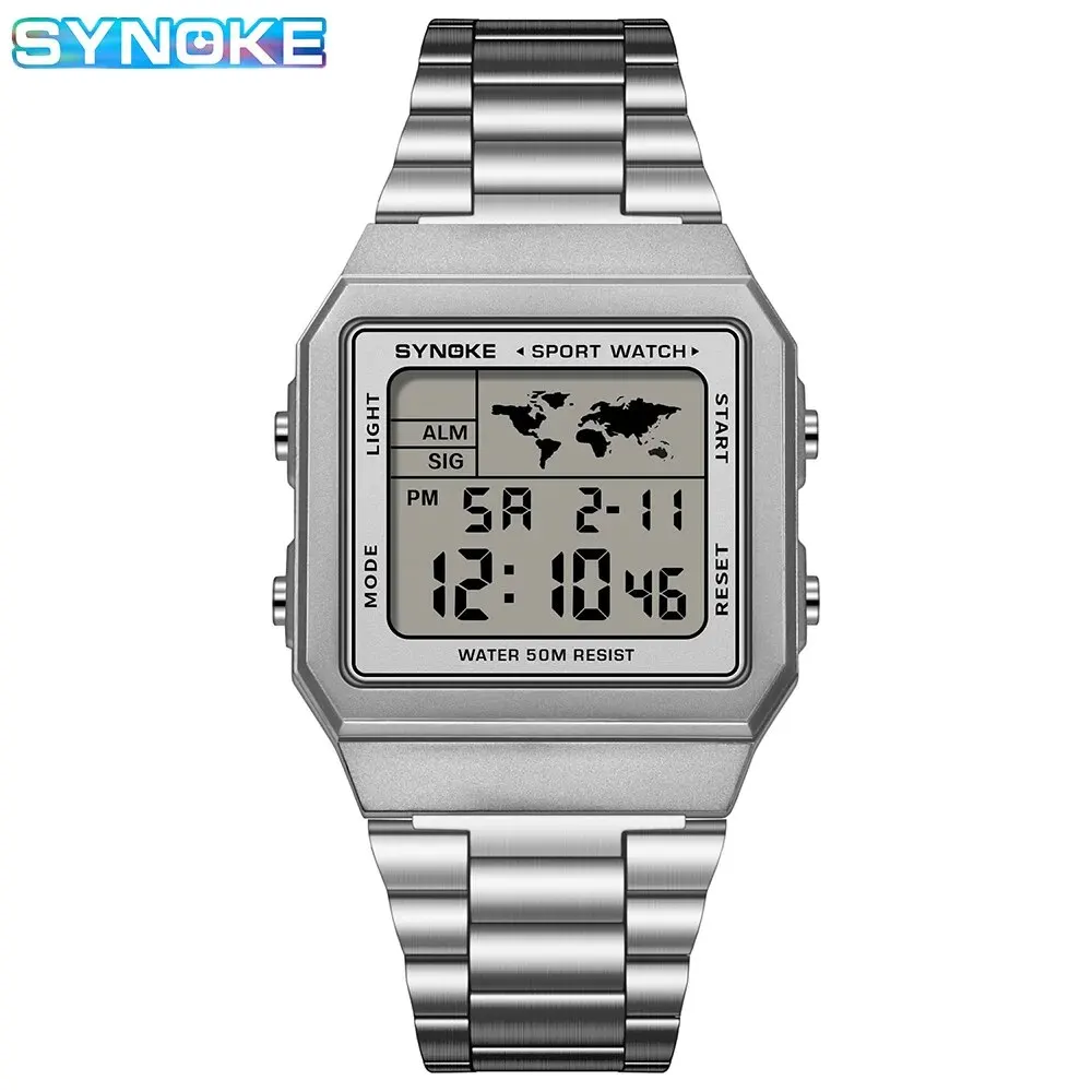 SYNOKE Top Marke Luxus Edelstahl Chrono Sport Uhren Männer Hintergrundbeleuchtung Display Digitale Armbanduhr 5Bar Wasserdicht Reloj Hom 5
